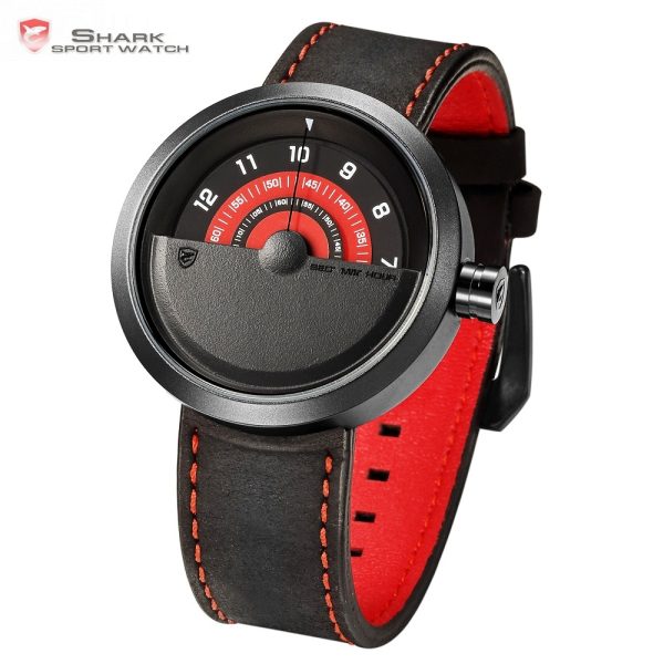 Bonnethead Shark Sport Watch New Turntable Dial Red Analog Quartz Soft Crazy Horse Leather Unique Design 1