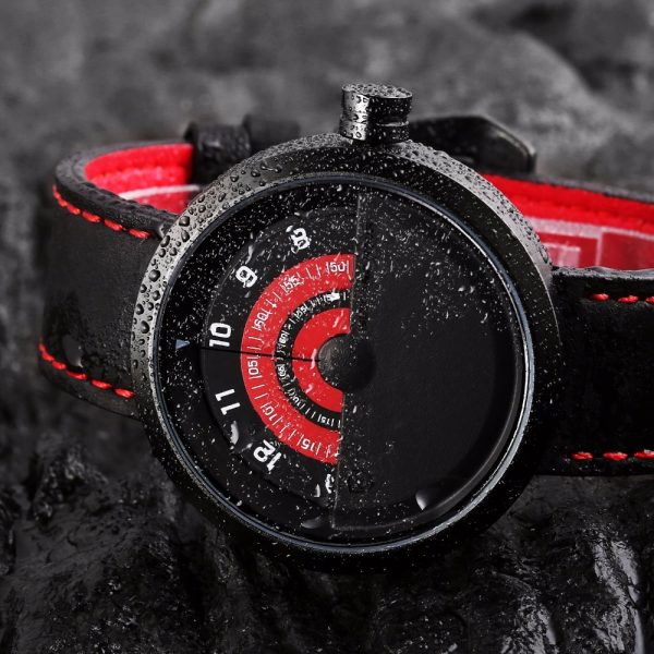 Bonnethead Shark Sport Watch New Turntable Dial Red Analog Quartz Soft Crazy Horse Leather Unique Design 3