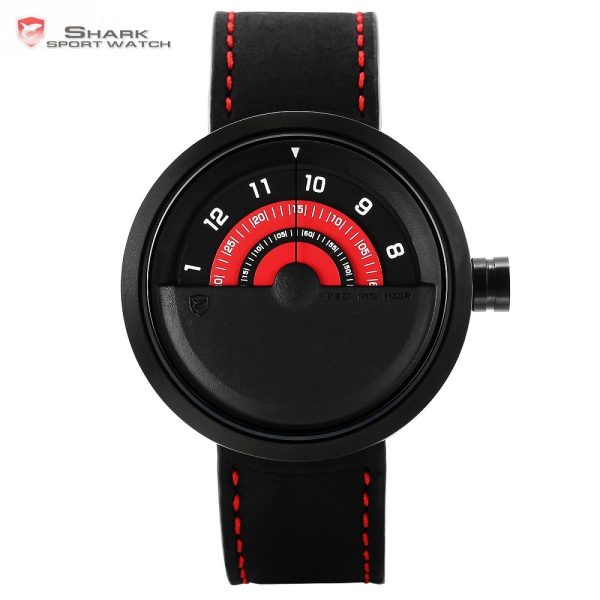 Bonnethead Shark Sport Watch New Turntable Dial Red Analog Quartz Soft Crazy Horse Leather Unique Design