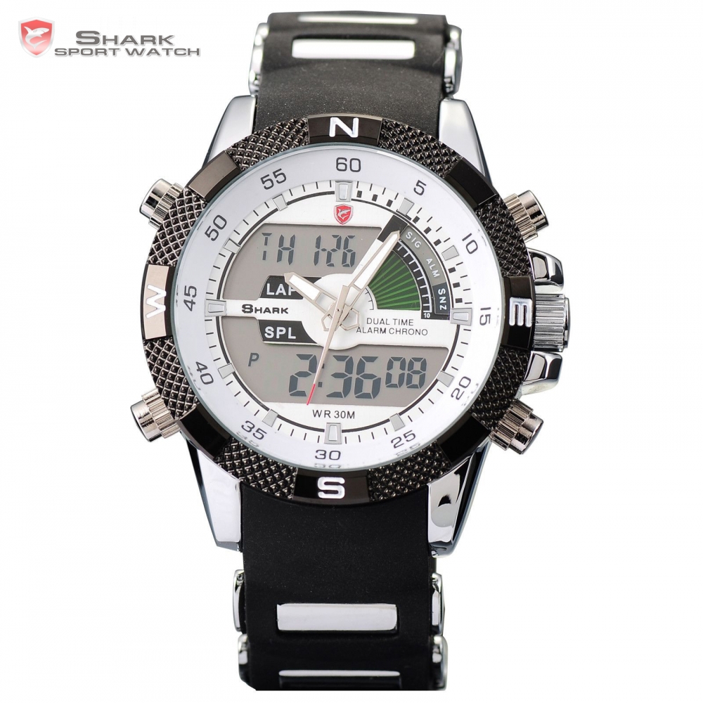 New SHARK Sport Watch Dual Time Date Silicone Strap Back Light Quartz Wrist Men Military Outdoor