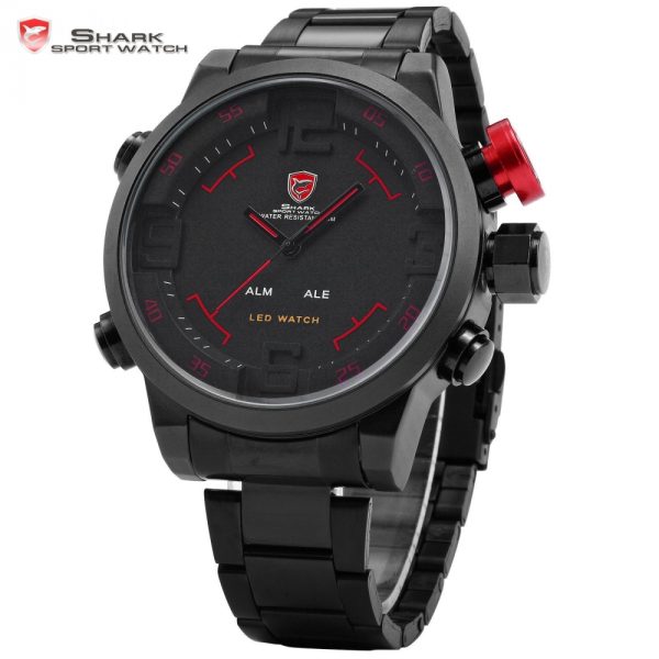 SHARK Sport Watch Brand Digital Dual Time Day LED Black Red Men Wristwatches Full Steel Strap 1