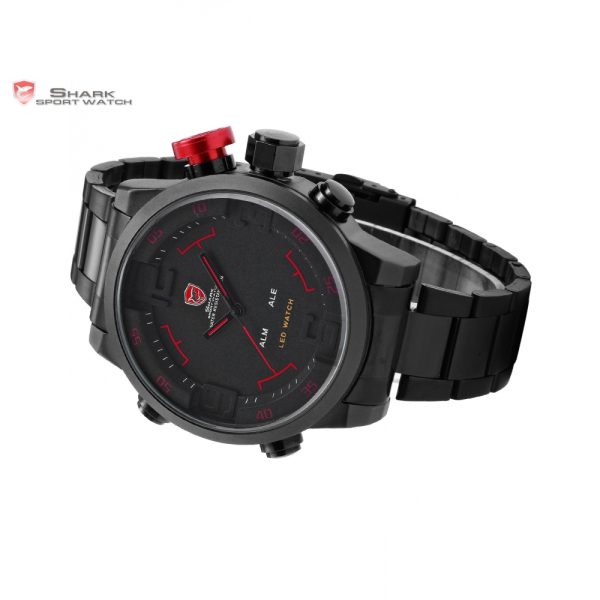 SHARK Sport Watch Brand Digital Dual Time Day LED Black Red Men Wristwatches Full Steel Strap 2