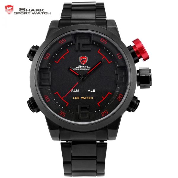 SHARK Sport Watch Brand Digital Dual Time Day LED Black Red Men Wristwatches Full Steel Strap