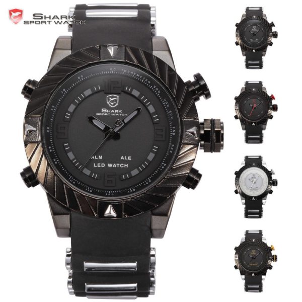 SHARK Sport Watch Brand LED Display Multiple Timezone Alarm Black Silicone Strap Relogio Men Military Orologio 1