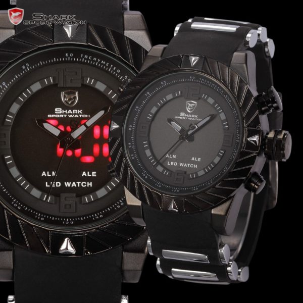 SHARK Sport Watch Brand LED Display Multiple Timezone Alarm Black Silicone Strap Relogio Men Military Orologio 2