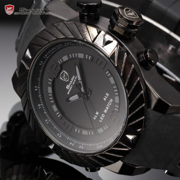 SHARK Sport Watch Brand LED Display Multiple Timezone Alarm Black Silicone Strap Relogio Men Military Orologio 5