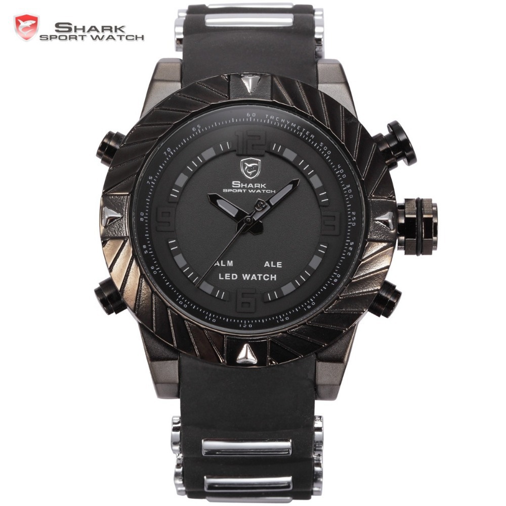 SHARK Sport Watch Brand LED Display Multiple Timezone Alarm Black Silicone Strap Relogio Men Military Orologio