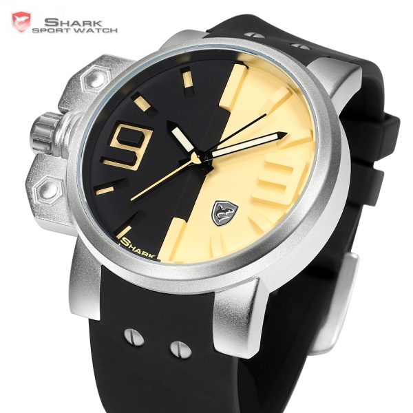 Salmon Shark Sport Watch Stainless Steel Case Black Yellow 3D Analog Luminous Hands Rubber Outdoor Mens 1